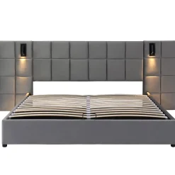 Lit Coffre Double 160x200 cm avec Lampe Directionnelle et Port USB, Lit Capitonné en Velours, Gris - Sans Matelas