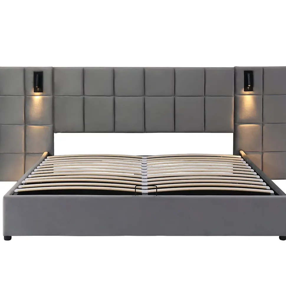 Lit Coffre Double 160x200 cm avec Lampe Directionnelle et Port USB, Lit Capitonné en Velours, Gris - Sans Matelas