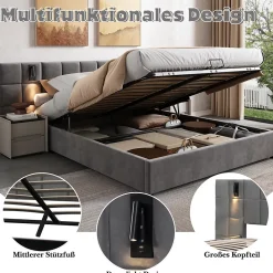 Lit Coffre Double 160x200 cm avec Lampe Directionnelle et Port USB, Lit Capitonné en Velours, Gris - Sans Matelas