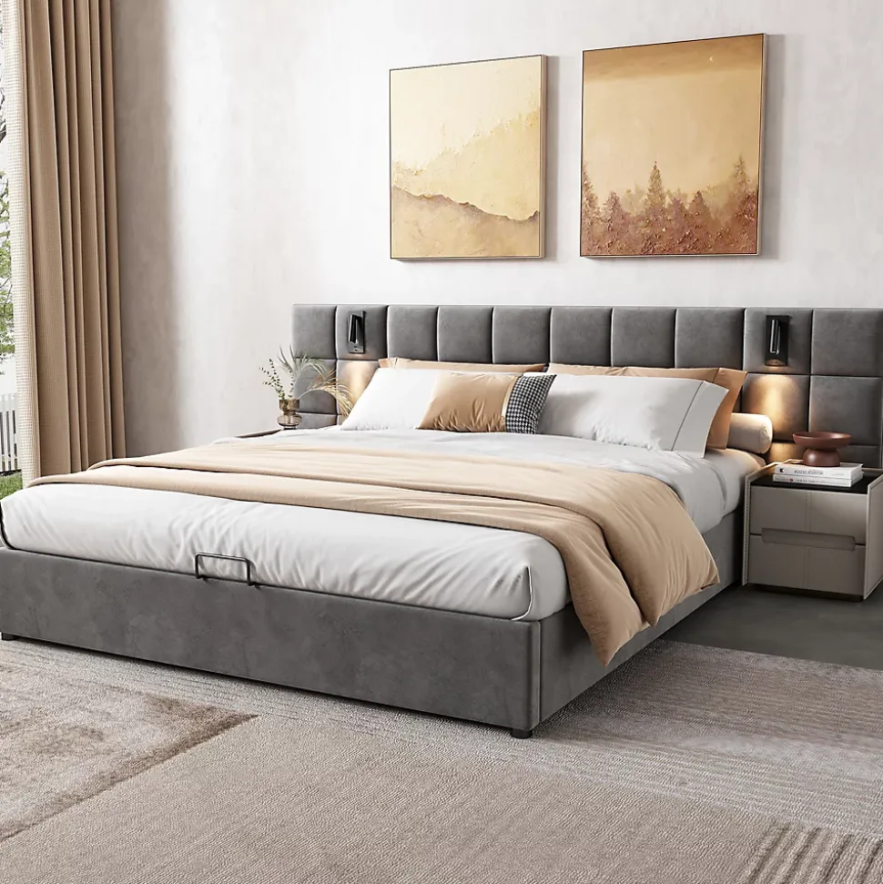 Lit Coffre Double 160x200 cm avec Lampe Directionnelle et Port USB, Lit Capitonné en Velours, Gris - Sans Matelas