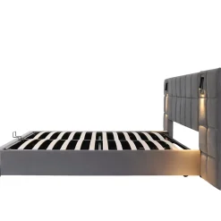 Lit Coffre Double 160x200 cm avec Lampe Directionnelle et Port USB, Lit Capitonné en Velours, Gris - Sans Matelas