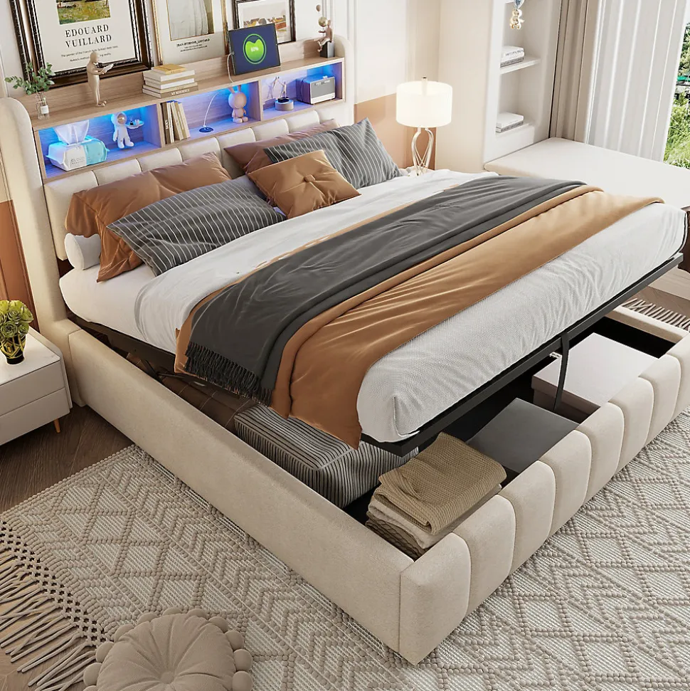 Lit Coffre Double 180x200 cm Capitonné avec Rangement Hydraulique et Tête de Lit LED - Tissu Lin Beige