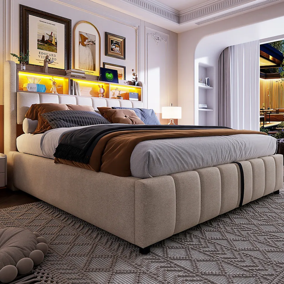 Lit Coffre Double 180x200 cm Capitonné avec Rangement Hydraulique et Tête de Lit LED - Tissu Lin Beige