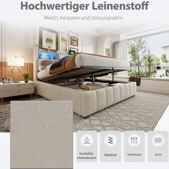 Lit Coffre Double 180x200 cm Capitonné avec Rangement Hydraulique et Tête de Lit LED - Tissu Lin Beige