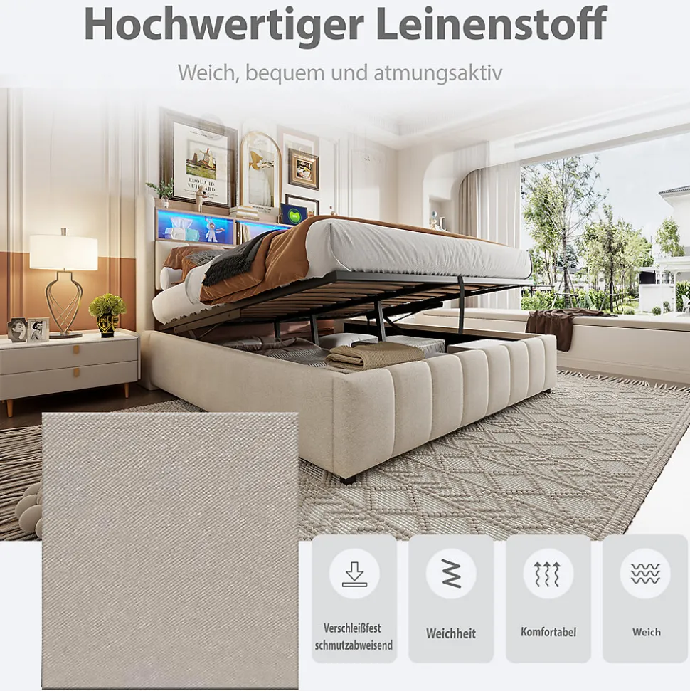 Lit Coffre Double 180x200 cm Capitonné avec Rangement Hydraulique et Tête de Lit LED - Tissu Lin Beige