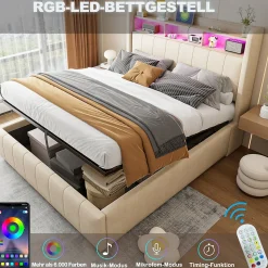 Lit Coffre Double 180x200 cm Capitonné avec Rangement Hydraulique et Tête de Lit LED - Tissu Lin Beige