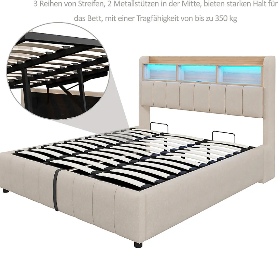 Lit Coffre Double 180x200 cm Capitonné avec Rangement Hydraulique et Tête de Lit LED - Tissu Lin Beige