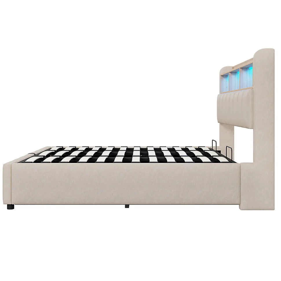 Lit Coffre Double 180x200 cm Capitonné avec Rangement Hydraulique et Tête de Lit LED - Tissu Lin Beige