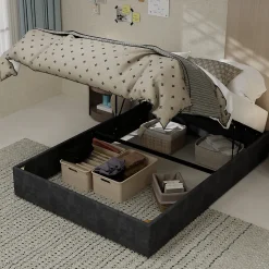 Lit Coffre Double 140x200 cm, Lit Adulte et Ado avec Vérins Hydrauliques et Coffre Intégré, Velours Hollandais Gris, Sans Matelas