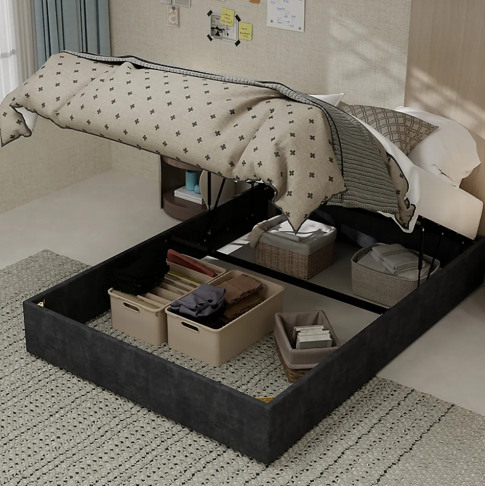 Lit Coffre Double 140x200 cm, Lit Adulte et Ado avec Vérins Hydrauliques et Coffre Intégré, Velours Hollandais Gris, Sans Matelas