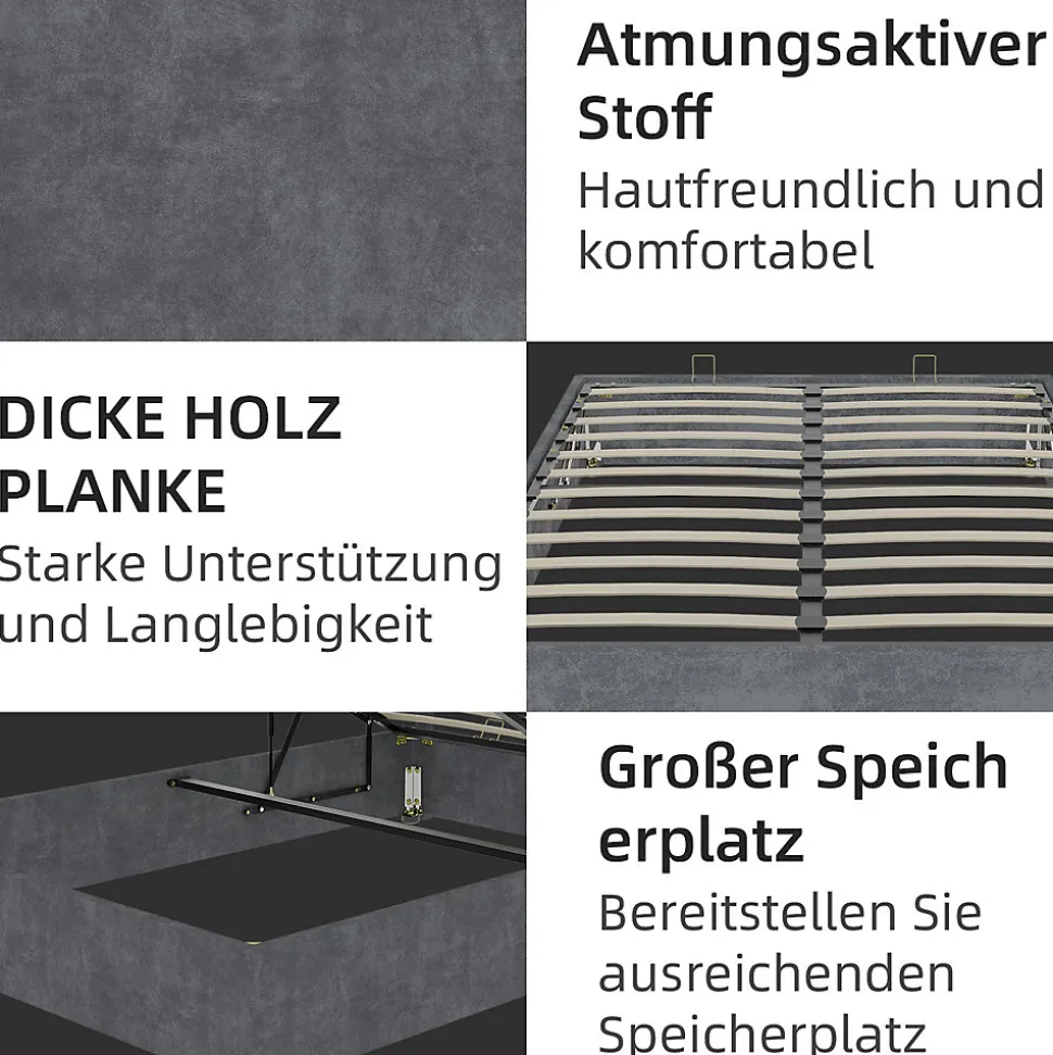 Lit Coffre Double 140x200 cm, Lit Adulte et Ado avec Vérins Hydrauliques et Coffre Intégré, Velours Hollandais Gris, Sans Matelas