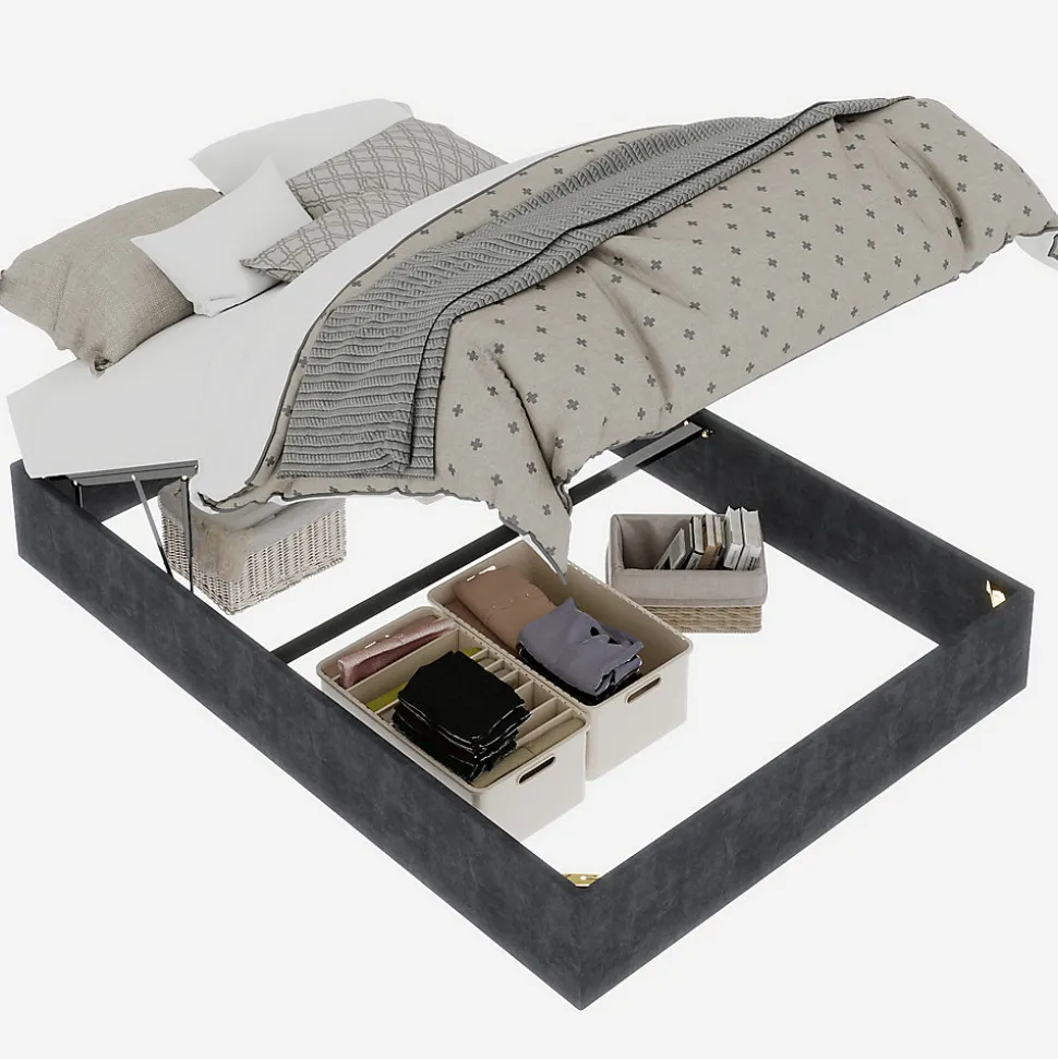 Lit Coffre Double 140x200 cm, Lit Adulte et Ado avec Vérins Hydrauliques et Coffre Intégré, Velours Hollandais Gris, Sans Matelas