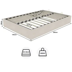 Lit Coffre Double 140x200 cm, Lit Adulte et Ado avec Vérins Hydrauliques, Cadre Moderne, Velours Hollandais Beige, Sans Matelas