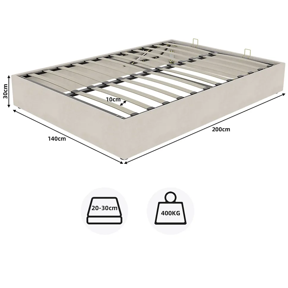 Lit Coffre Double 140x200 cm, Lit Adulte et Ado avec Vérins Hydrauliques, Cadre Moderne, Velours Hollandais Beige, Sans Matelas