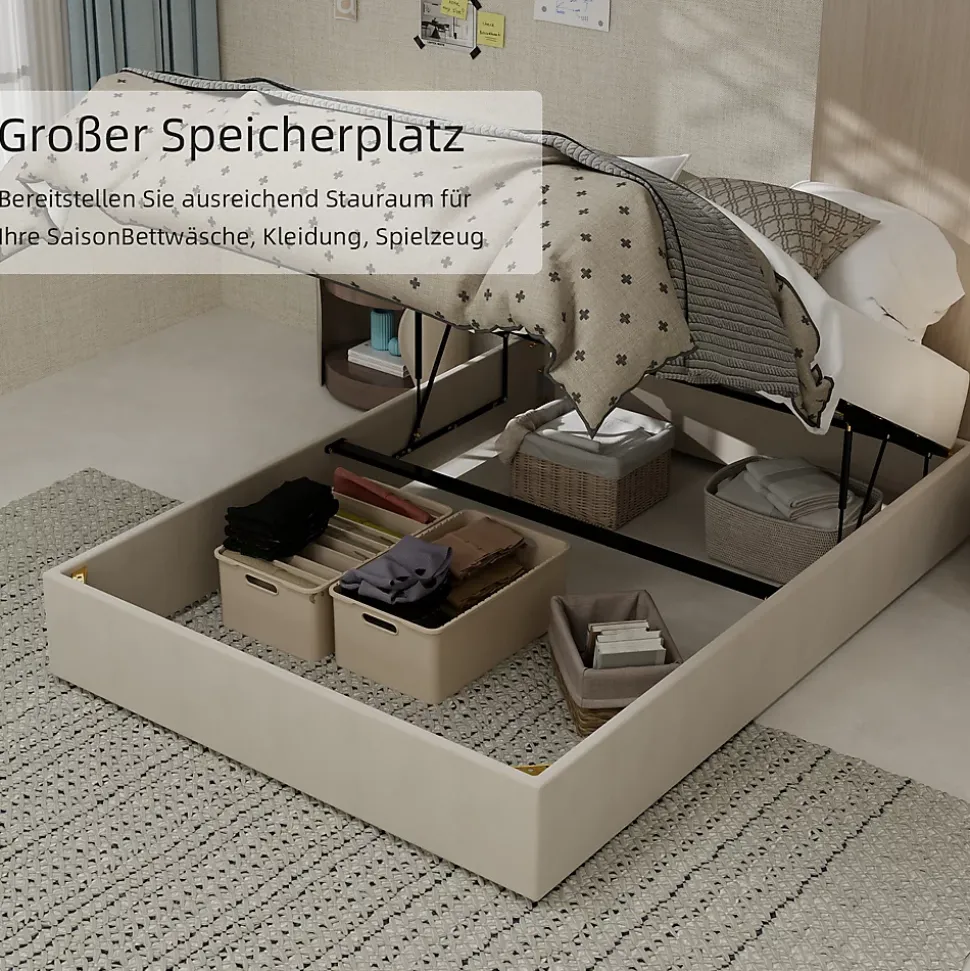 Lit Coffre Double 140x200 cm, Lit Adulte et Ado avec Vérins Hydrauliques, Cadre Moderne, Velours Hollandais Beige, Sans Matelas