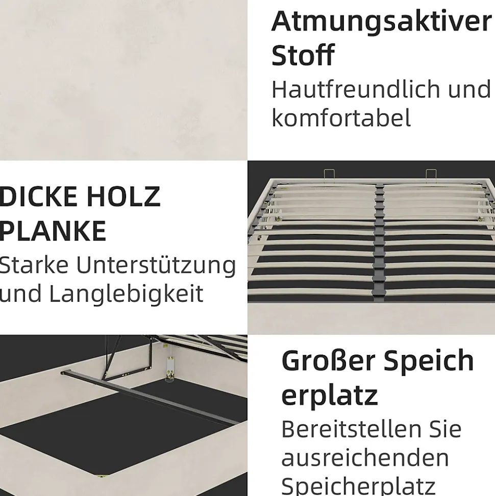 Lit Coffre Double 140x200 cm, Lit Adulte et Ado avec Vérins Hydrauliques, Cadre Moderne, Velours Hollandais Beige, Sans Matelas