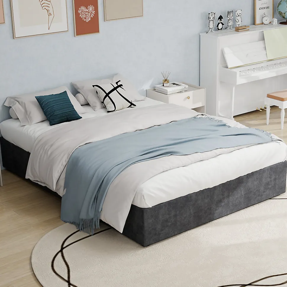 Lit Coffre Double 160x200 cm, Lit Adulte avec Vérin Hydraulique et Cadre Moderne, Sans Matelas, Gris