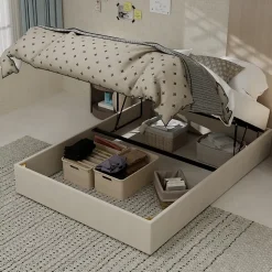 Lit Coffre Double 140x200 cm, Lit Adulte avec Vérins Hydrauliques, Cadre Moderne en Velours Beige, Sans Matelas