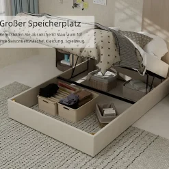 Lit Coffre Double 140x200 cm, Lit Adulte avec Vérins Hydrauliques, Cadre Moderne en Velours Beige, Sans Matelas