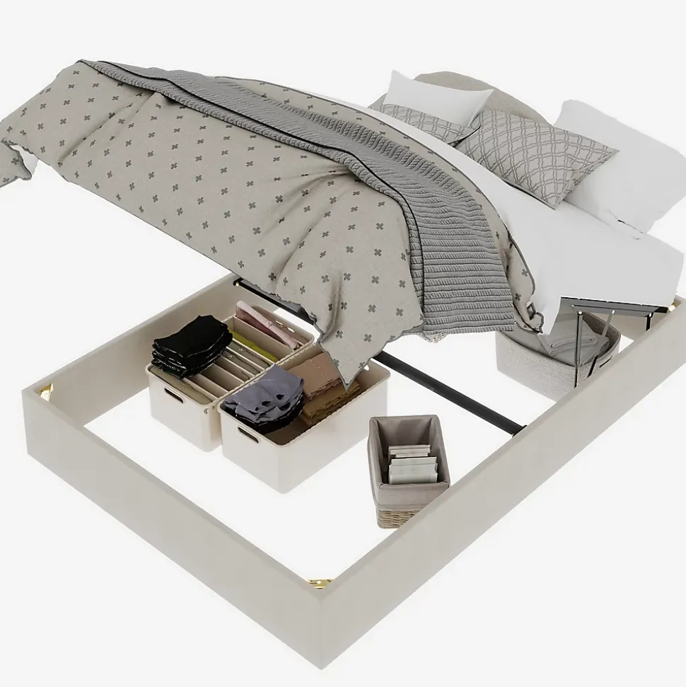 Lit Coffre Double 140x200 cm, Lit Adulte avec Vérins Hydrauliques, Cadre Moderne en Velours Beige, Sans Matelas