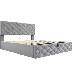 Lit Coffre Double 140x200 cm, Lit Capitonné en Velours, Grand Espace de Rangement, Gris, Sans Matelas