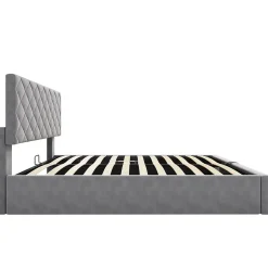 Lit Coffre Double 140x200 cm, Lit Capitonné en Velours, Grand Espace de Rangement, Gris, Sans Matelas