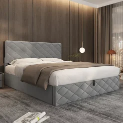 Lit Coffre Double 140x200 cm, Lit Capitonné en Velours, Grand Espace de Rangement, Gris, Sans Matelas