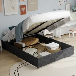Lit Coffre Double 160x200 cm, Lit Adulte et Ado avec Vérins Hydrauliques, Cadre Moderne en Velours Hollandais Gris, Sans Matelas