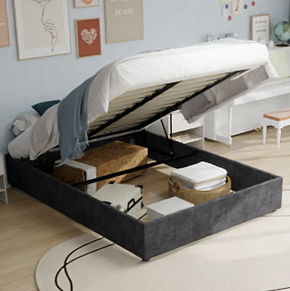 Lit Coffre Double 160x200 cm, Lit Adulte et Ado avec Vérins Hydrauliques, Cadre Moderne en Velours Hollandais Gris, Sans Matelas