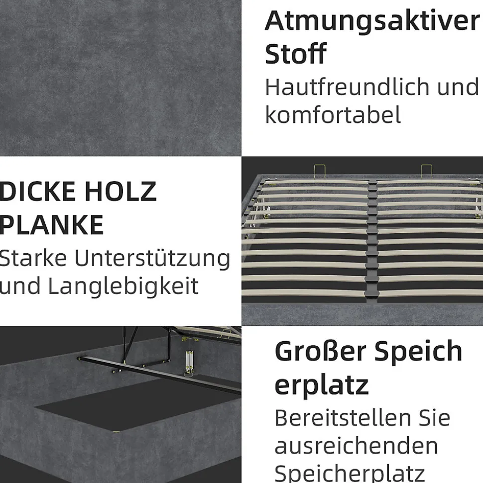 Lit Coffre Double 160x200 cm, Lit Adulte et Ado avec Vérins Hydrauliques, Cadre Moderne en Velours Hollandais Gris, Sans Matelas