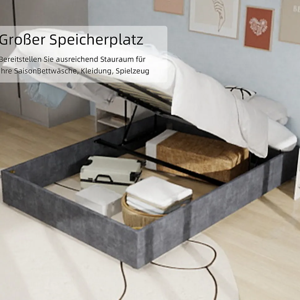 Lit Coffre Double 160x200 cm, Lit Adulte et Ado avec Vérins Hydrauliques, Cadre Moderne en Velours Hollandais Gris, Sans Matelas