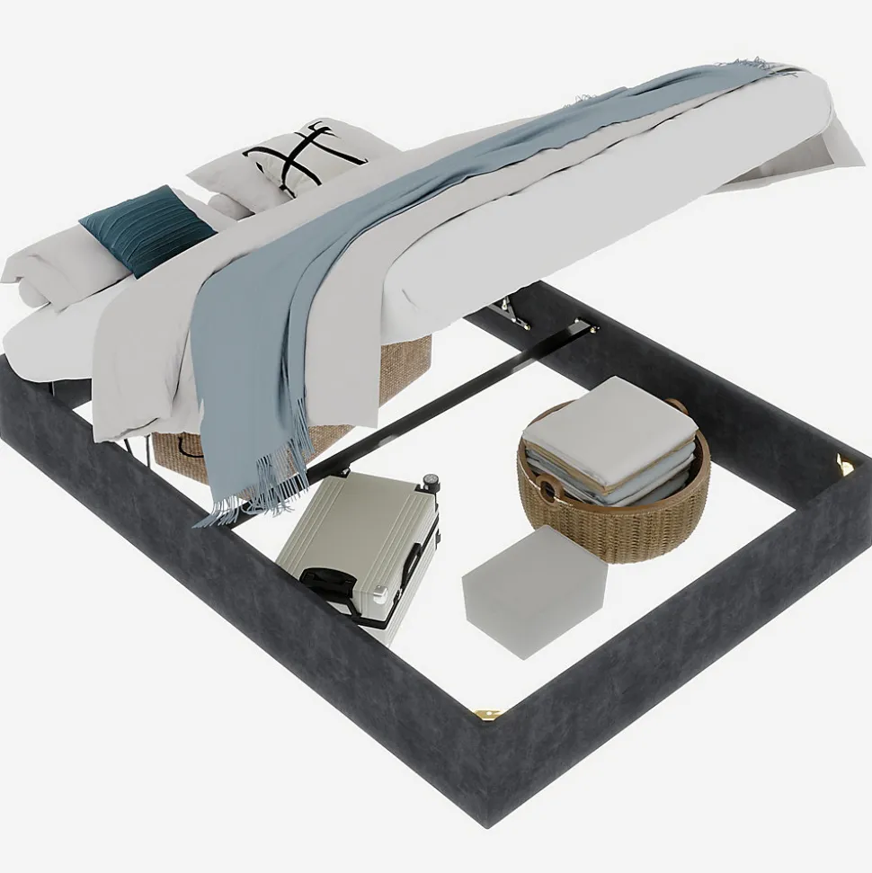 Lit Coffre Double 160x200 cm, Lit Adulte et Ado avec Vérins Hydrauliques, Cadre Moderne en Velours Hollandais Gris, Sans Matelas