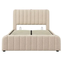 Lit Coffre Double 140x200cm Rembourré Usb-C Lin Beige Blackcolors