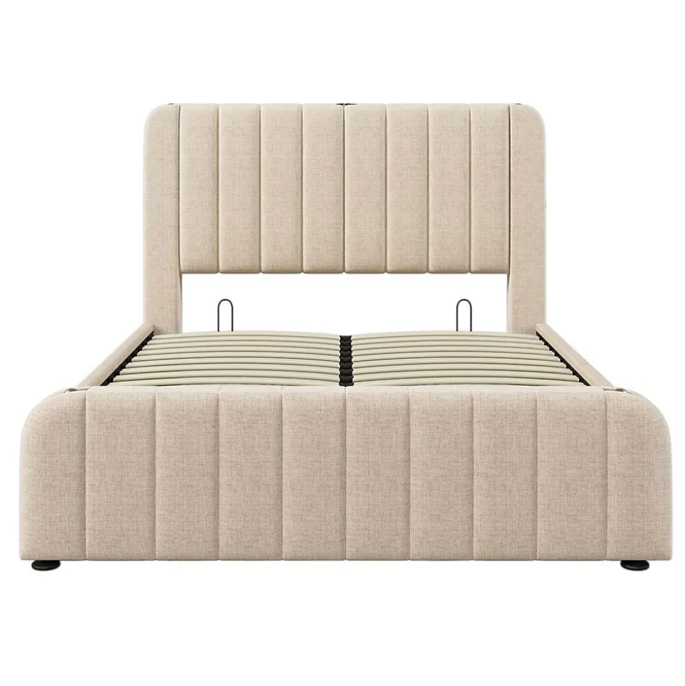 Lit Coffre Double 140x200cm Rembourré Usb-C Lin Beige Blackcolors