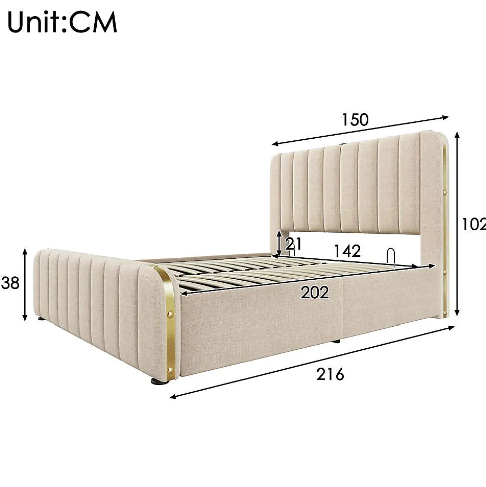 Lit Coffre Double 140x200cm Rembourré Usb-C Lin Beige Blackcolors