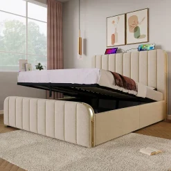 Lit Coffre Double 140x200cm Rembourré Usb-C Lin Beige Blackcolors