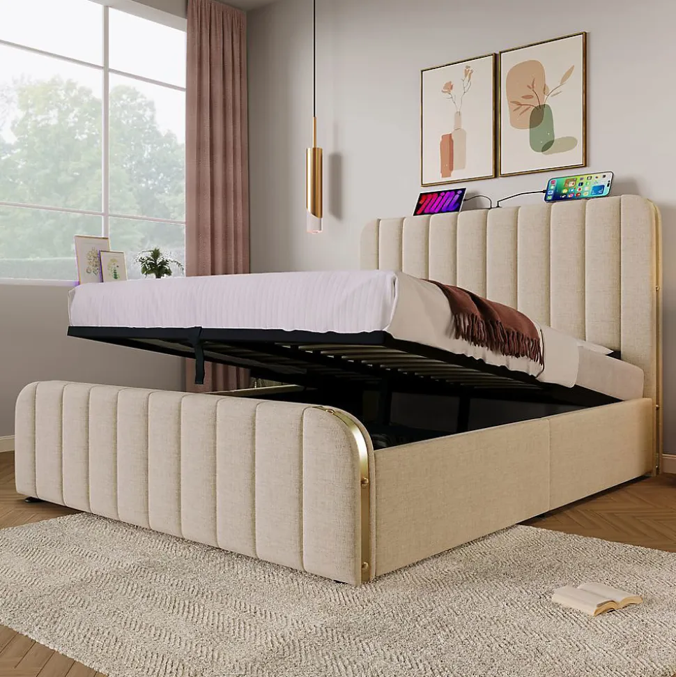 Lit Coffre Double 140x200cm Rembourré Usb-C Lin Beige Blackcolors