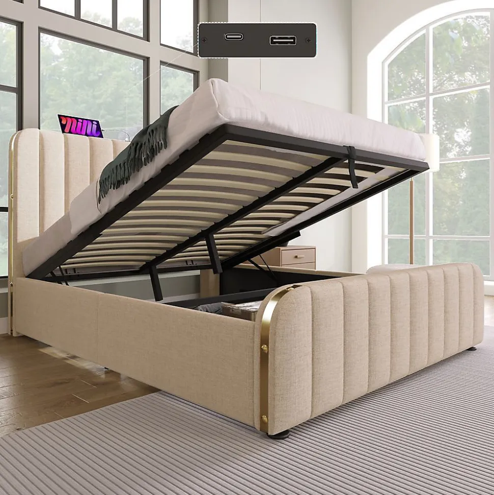 Lit Coffre Double 140x200cm Rembourré Usb-C Lin Beige Blackcolors
