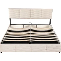 Lit Coffre Double 180x200cm Velours Tête Réglable Rayé Blanc Cassé Blackcolors