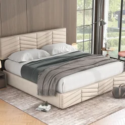 Lit Coffre Double 180x200cm Velours Tête Réglable Rayé Blanc Cassé Blackcolors