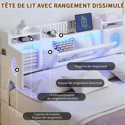 Lit coffre en cuir PU 140x200 cm blanc avec tête de lit lumineuse, rangement à vérins, ports USB et USB-C, design moderne