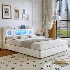 Lit coffre en cuir PU 140x200 cm blanc avec tête de lit lumineuse, rangement à vérins, ports USB et USB-C, design moderne