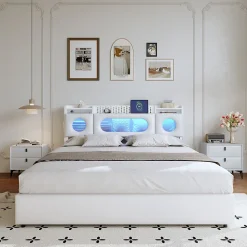 Lit coffre en cuir PU 140x200 cm blanc avec tête de lit lumineuse, rangement à vérins, ports USB et USB-C, design moderne