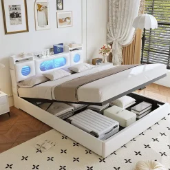 Lit coffre en cuir PU 140x200 cm blanc avec tête de lit lumineuse, rangement à vérins, ports USB et USB-C, design moderne