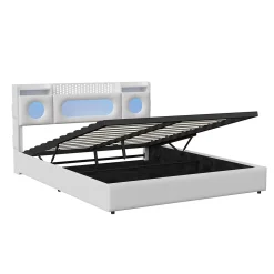 Lit coffre en cuir PU 140x200 cm blanc avec tête de lit lumineuse, rangement à vérins, ports USB et USB-C, design moderne