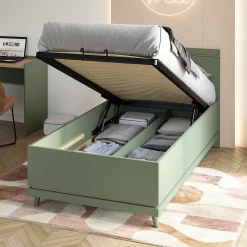 Lit coffre enfant NOKI 100x200 cm vert et bois Style scandinave