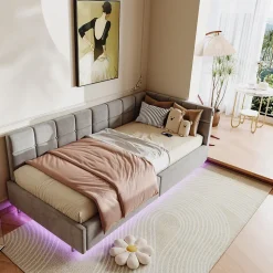 Lit Coffre Enfant 90x200cm Avec Coffre Hydraulique,éclairage LED Et USB,avec Sommier à Lattes,gris