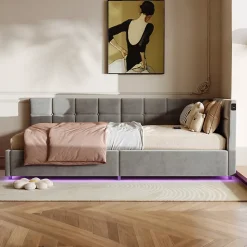 Lit Coffre Enfant 90x200cm Avec Coffre Hydraulique,éclairage LED Et USB,avec Sommier à Lattes,gris