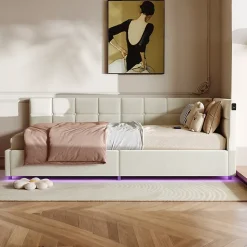 Lit Coffre Enfant 90x200cm Avec Coffre Hydraulique,éclairage LED Et USB,avec Sommier à Lattes,beige