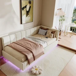 Lit Coffre Enfant 90x200cm Avec Coffre Hydraulique,éclairage LED Et USB,avec Sommier à Lattes,beige